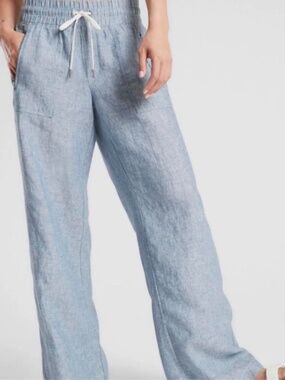 Athleta Cabo Linen Wide Leg Pants Womens 16T Blue Textured Relaxed Breezy Beachy
